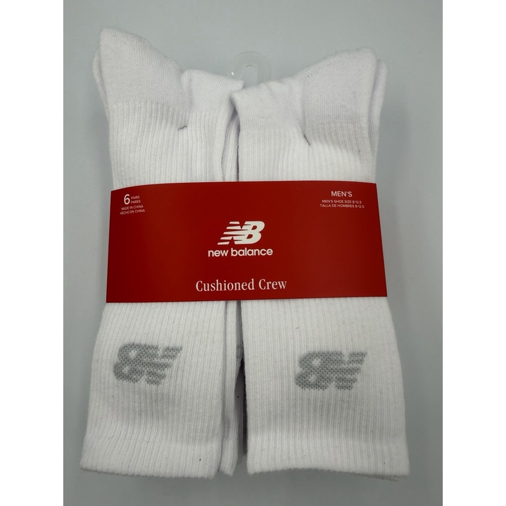 New Balance 6 Pack Mens Shoe Size 8-12.5 Cushioned Crew White Socks Gray Logo